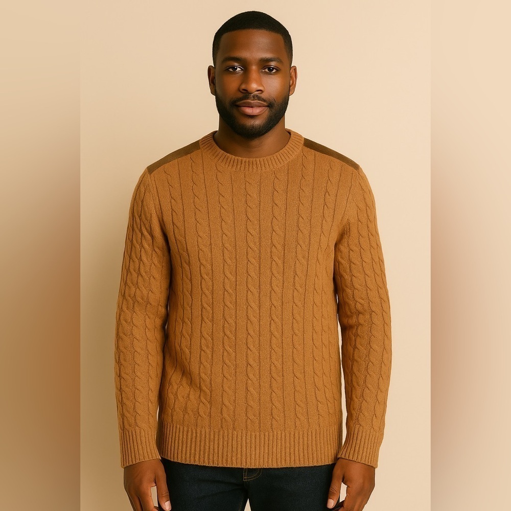 Barque Men’s Camel Brown Cable Knit Wool Blend Sweater Size L